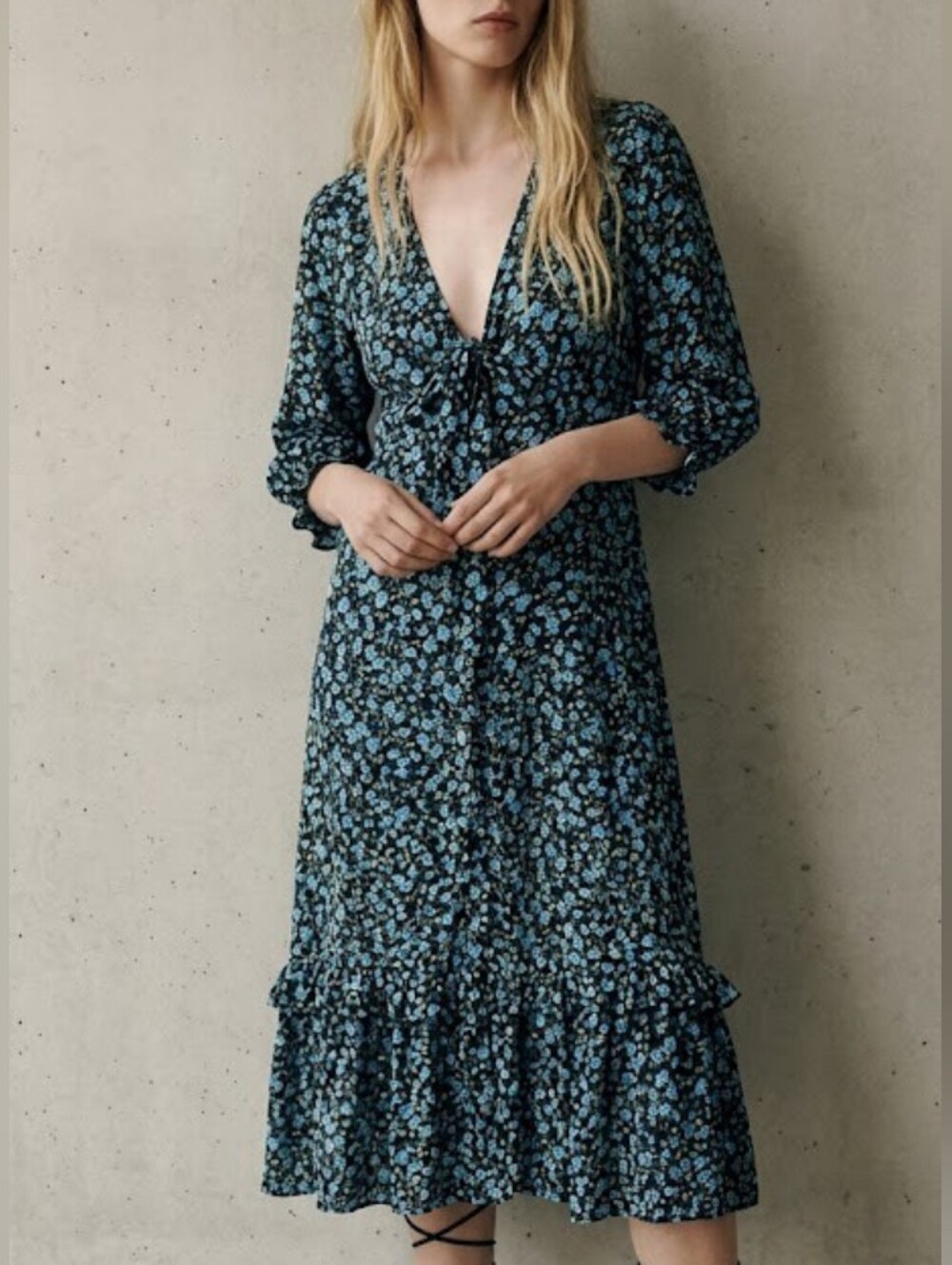 ZARA Puff Sleeve Floral Midi Dress